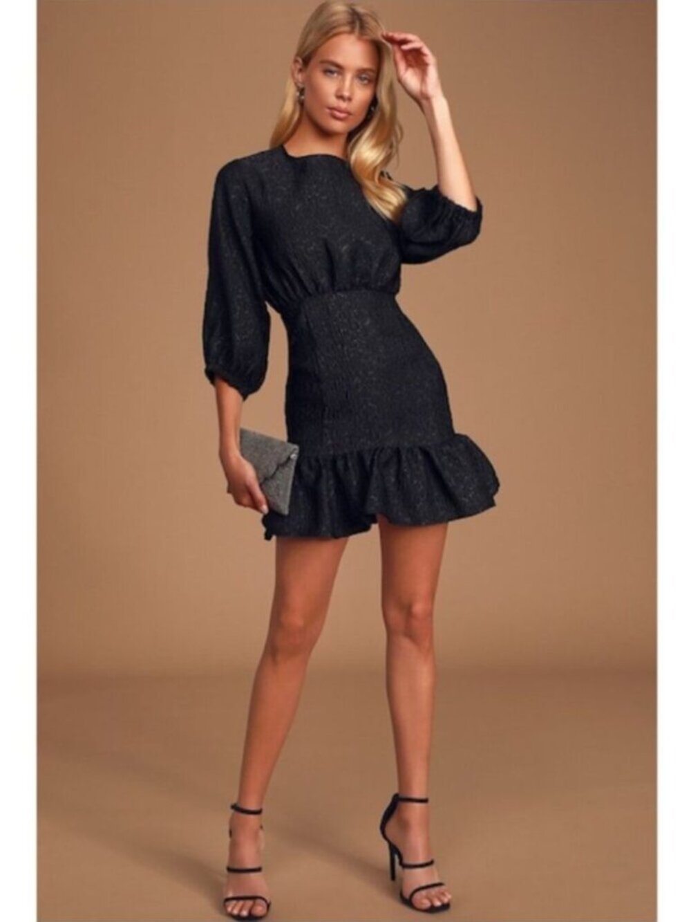 Lulus To Love Black Jacquard Puff Sleeve Mini Dress NWT Black Size Large